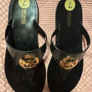Michael Kors Black Patent Thong Sandals with Gold MK Logo